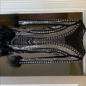 Embellished Mesh Dress with Faux Feather Detail